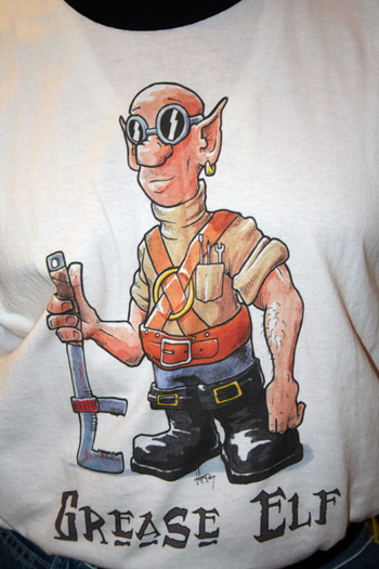 Grease Elf shirt - Art by Howard Tayler, printing by Mystprint